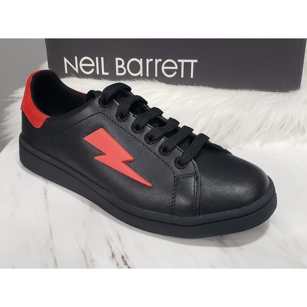NEW SZ 37 NEIL BARRETT Leather Low-Top Sneaker Black Red LIGHTENING THUNDER BOLT